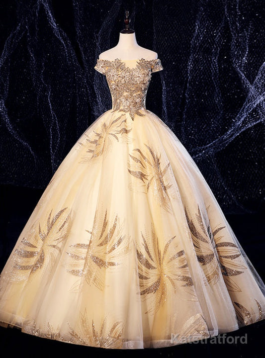 Best For You Champagne Gold Ball Gown Tulle Sequins Appliques Quinceanera Dress