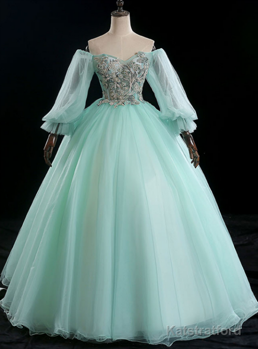 Best For You Light Green Ball Gown Tulle Off the Shoulder Long Sleeve Quinceanera Dress