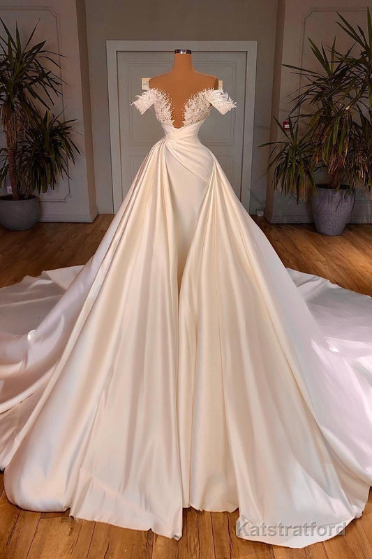 Biztunnel Charming Long A-line Off-the-shoulder Satin Lace Wedding Dresses