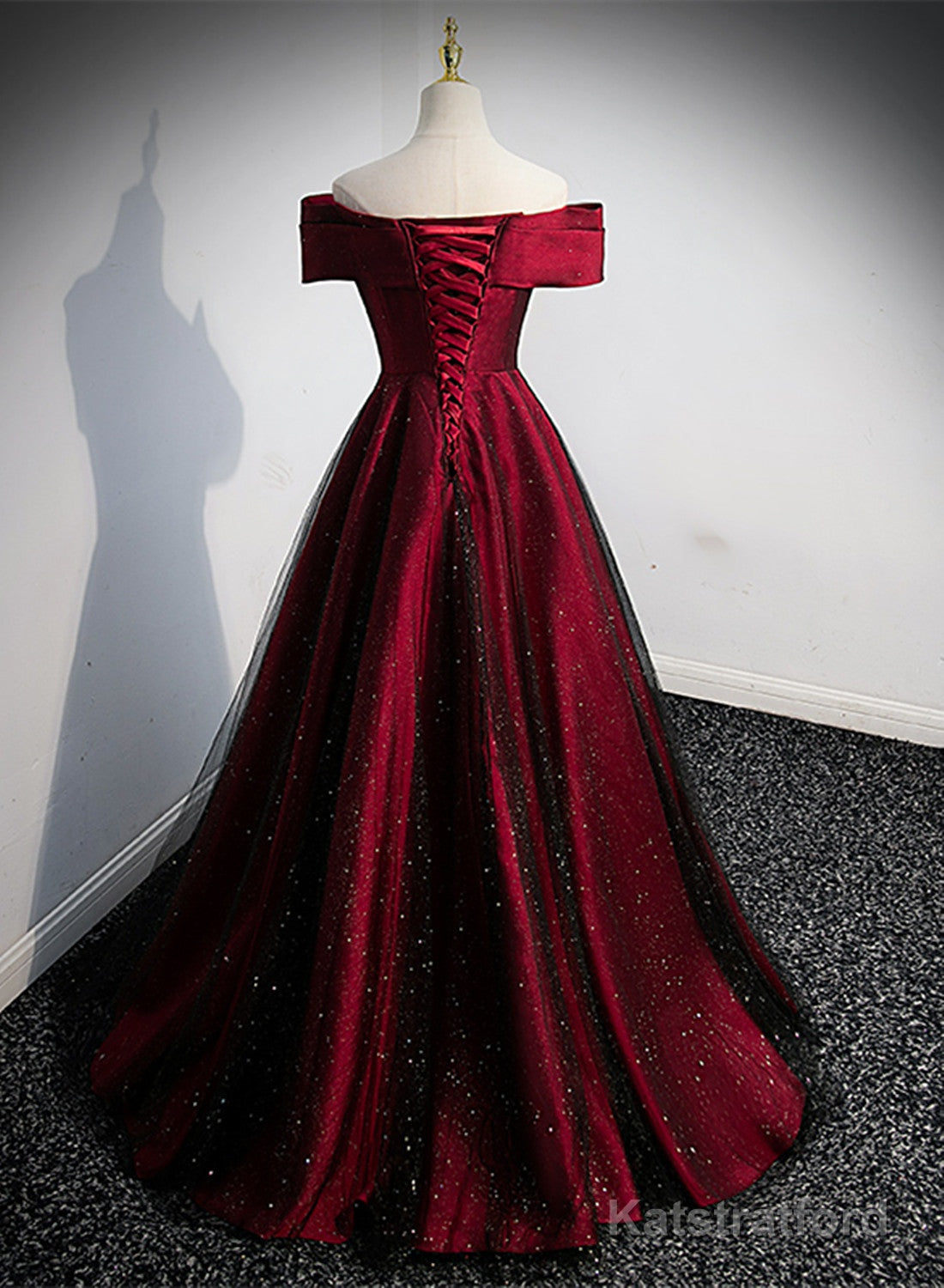 Black and Red Satin Off Shoulder Long Junior Prom Dress, A-line Satin Party Dress