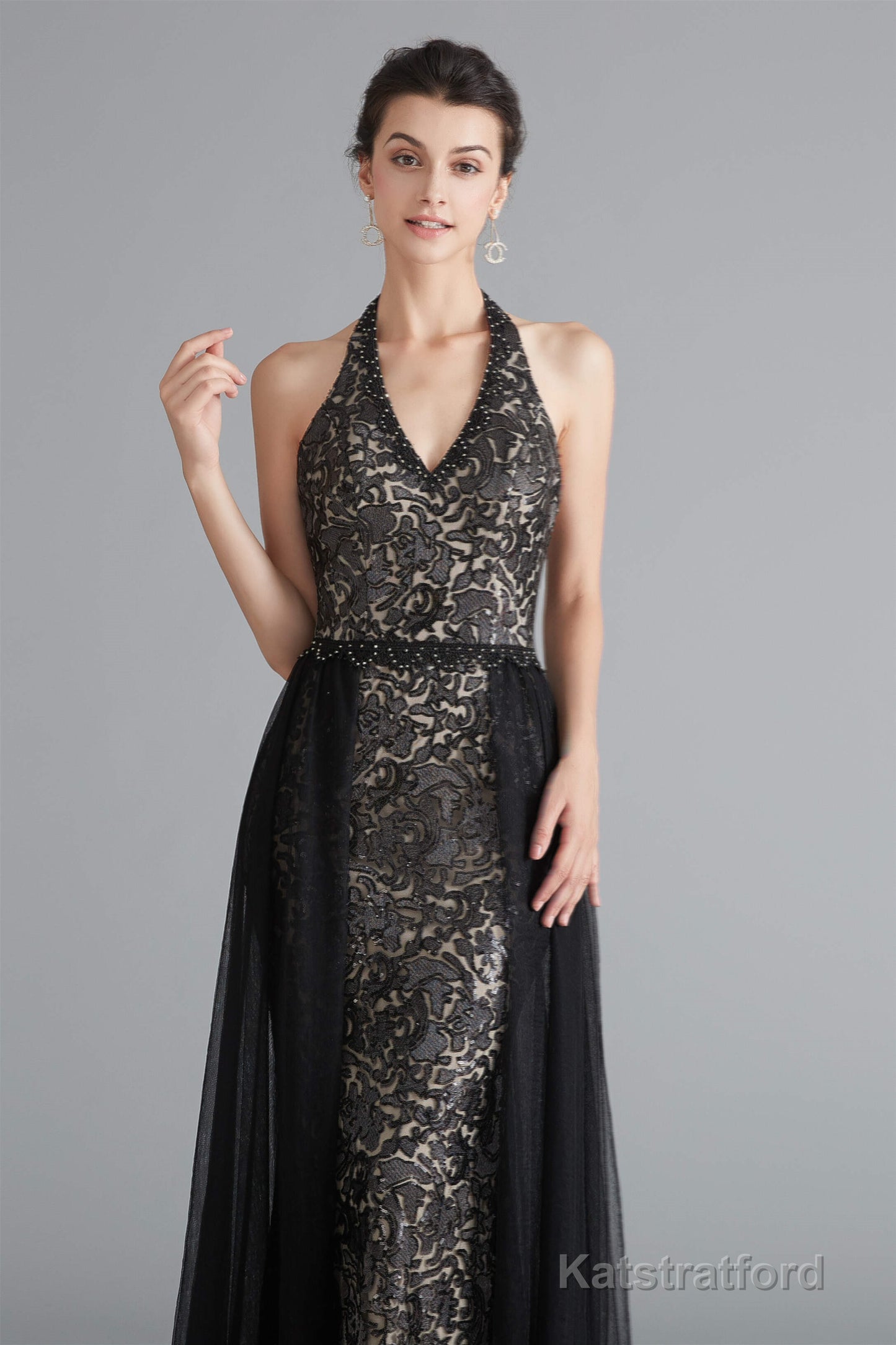 Black Lace Halter Prom Dresses with Tulle Overskirt