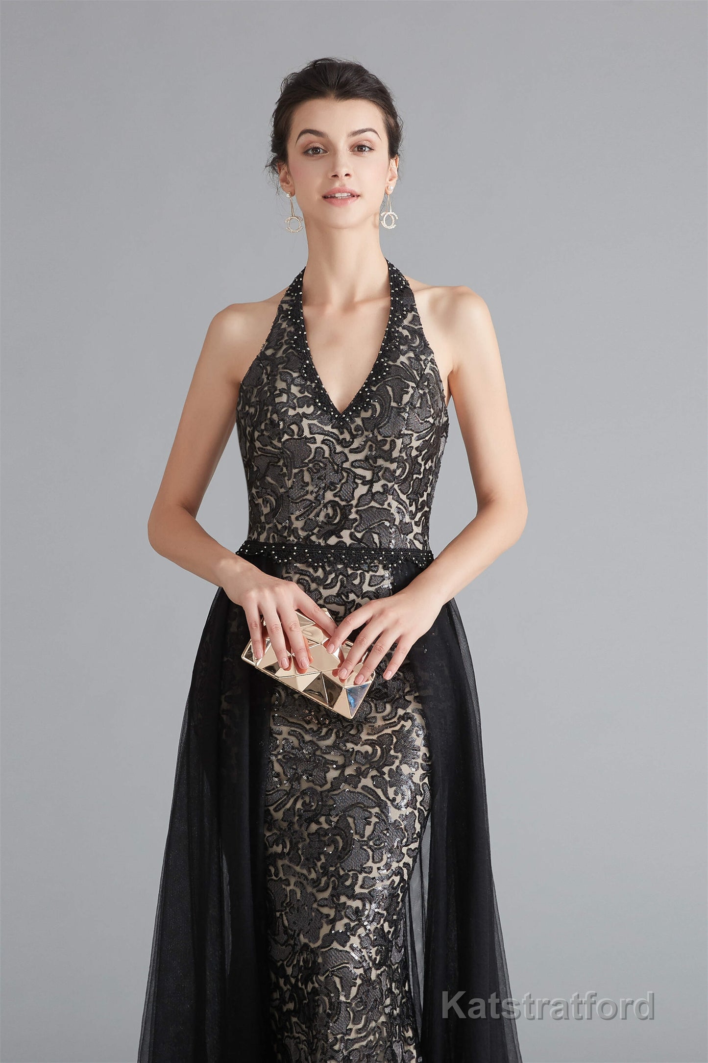 Black Lace Halter Prom Dresses with Tulle Overskirt