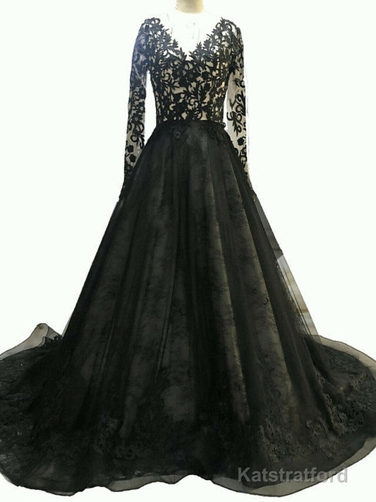 Black Long A-Line V Neck Lace Tulle Wedding Dresses with Sleeves