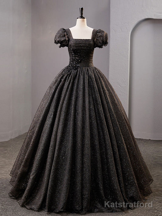 Black Square Neckline Tulle Long Prom Dresses, Shiny Tulle Black Evening Dress