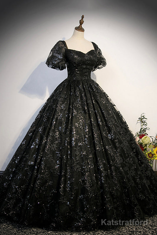 Black Tulle Sequins Long Prom Dress, A-Line Short Sleeve Formal Evening Gown