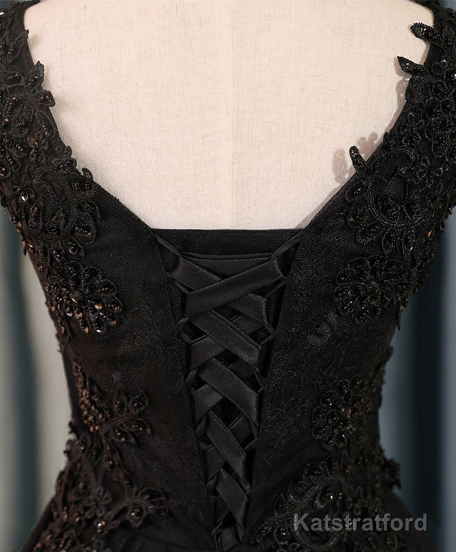 Black V Neck Lace Short Prom Dress, Black Cute Homecoming Dresses