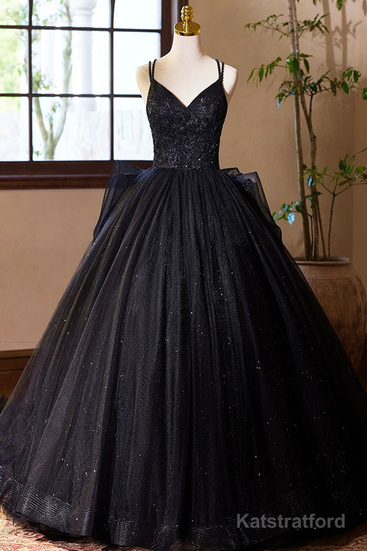 Black V-Neck Tulle Lace Prom Dress, Gorgeous A-Line Evening Party Dress