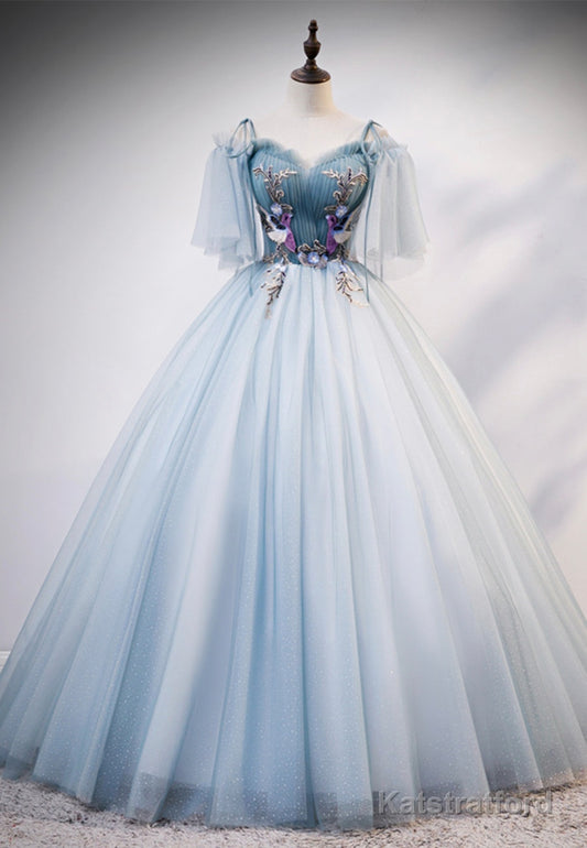 Lovely Spaghetti Strap Blue Long Prom Dresses, Lace Evening Dresses