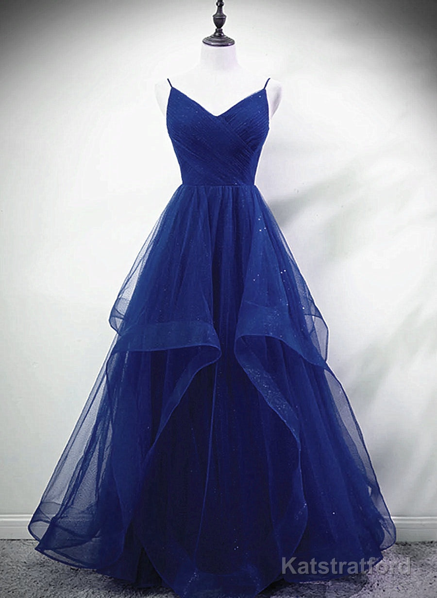 Blue A-line Straps Tulle Layers Long Party Dress, Blue Long Prom Dress