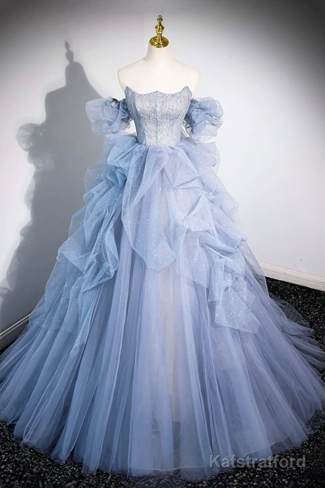 Blue Cascading Ruffles Long Prom Dresses, A-Line Strapless Short Sleeve Sweep Train Evening Dress