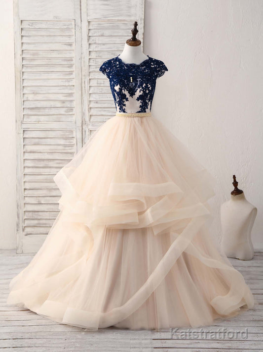 Blue/Champagne Tulle Lace Applique Long Prom Dress, Evening Dress