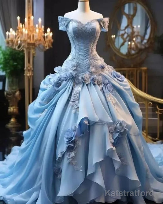 Blue Fairy 3D Floral Prom Dress Bustle Ruched Sweet 16 Ball Gown Quinceanera Dress