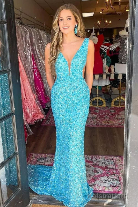 Blue Mermaid Sequin Prom Dress with V-Neck