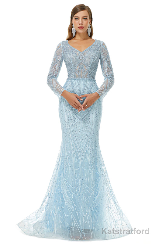 Neckline Long Sleeve Mermaid Lace Pattern Tulle Beading Prom Dresses