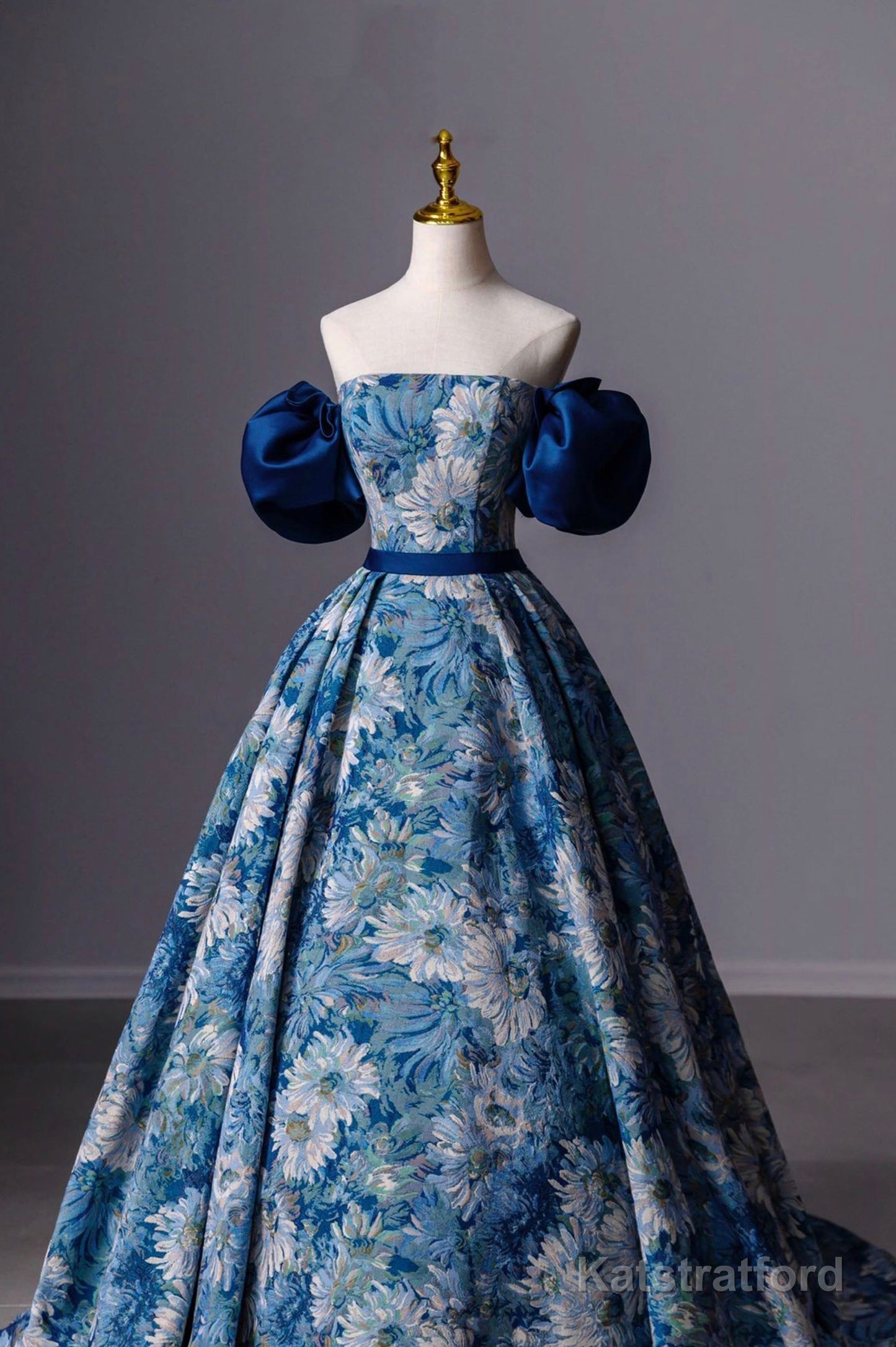 Blue Printed Long A-Line Prom Dress, Blue Off the Shoulder Formal Evening Dress