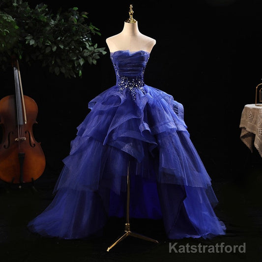 Blue Prom Dresses Ruffles Tiered Crystal Beaded Top FormalParty Dress, High Low Prom Dress