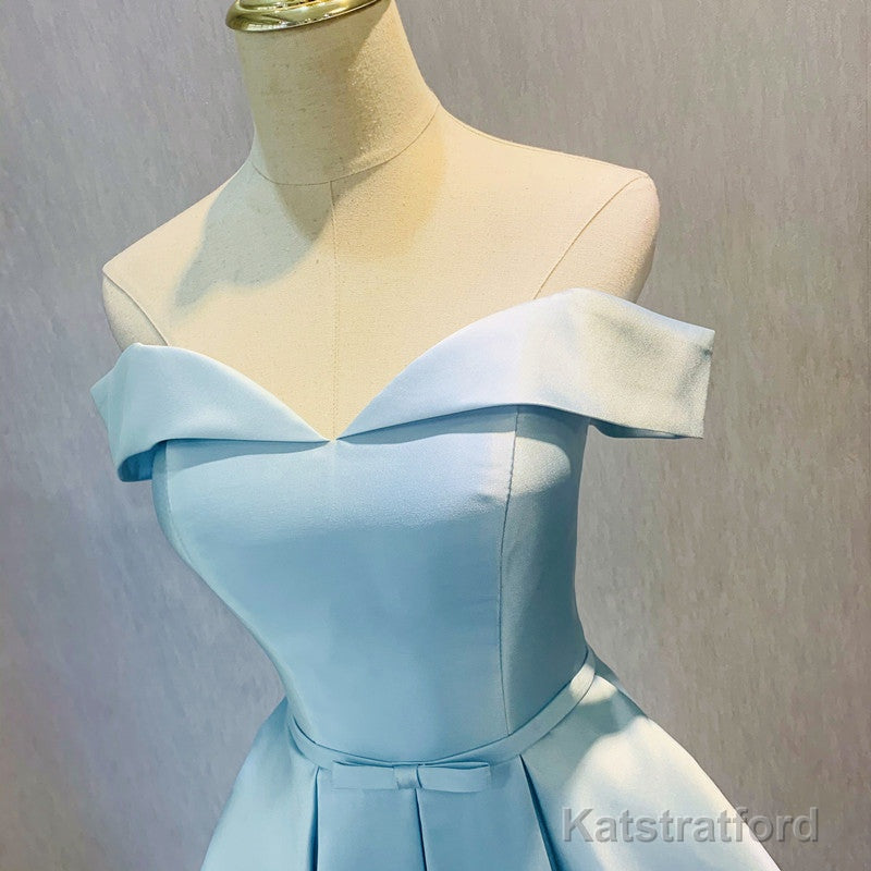 Blue Satin Cute Short Homecoming Dress, Off Shoulder Party Dress