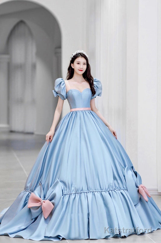 Blue Satin Long Princess Dress, Cute Short Sleeve Ball Gown Sweet 16 Dress