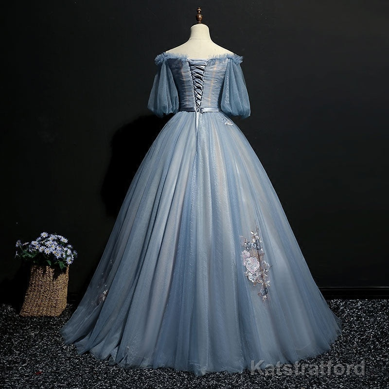 Blue Short Sleeves Long Tulle with Flower Applique Party Dress, Blue Sweet 16 Dress