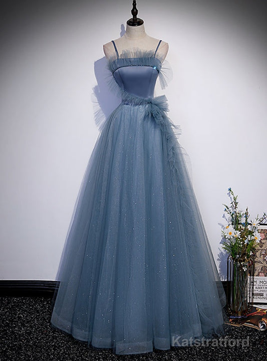 Blue Spaghetti Straps Tulle Sequins Beading Prom Dress