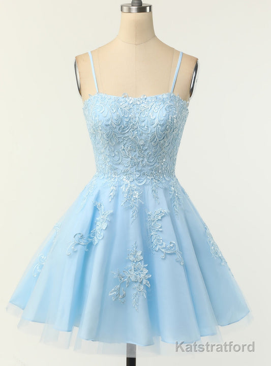 Blue Tulle Appliques Spagehtti Straps Homecoming Dress