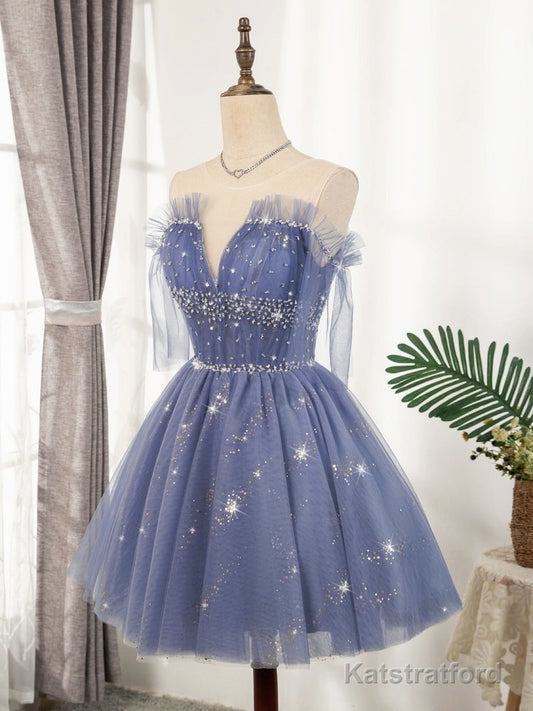 Blue Tulle Sequin Short Prom Dress, Puffy Blue Homecoming Dress