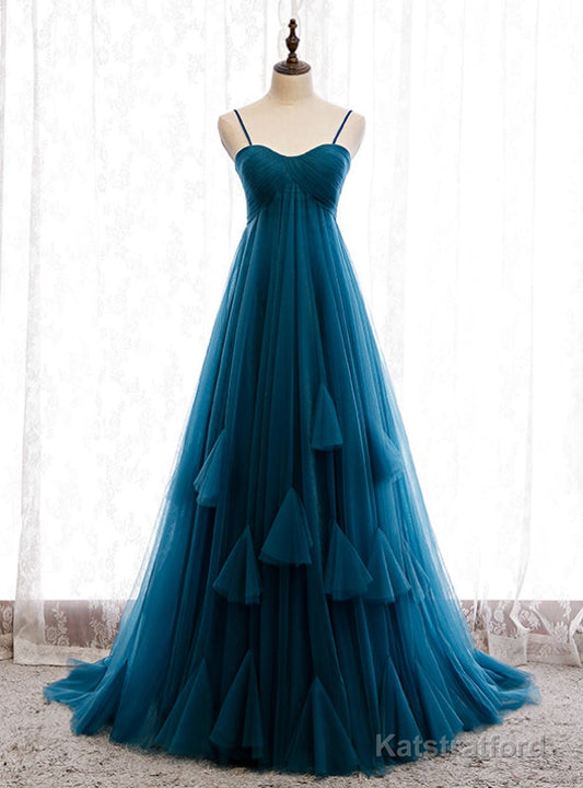 Blue Tulle Spagehtti Straps High Waist Pleats Prom Dress