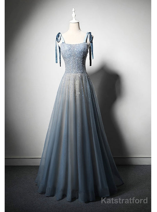 Blue Tulle Straps Beading Prom Dress