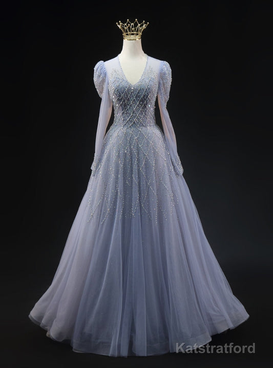 Blue Tulle V-neck Long Sleeve Beading Prom Dress