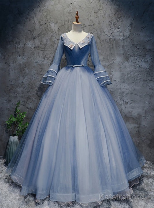 Blue Tulle V-neck Long Sleeve Pleats Quinceanera Dress