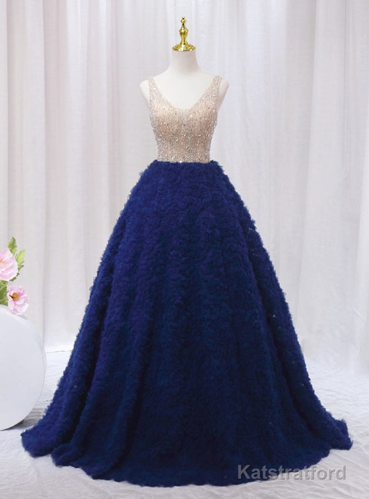 Blue Tulle V-neck Tiers Beading Prom Dress