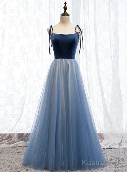 Blue Tulle Velvet Spaghetti Straps Open Back Prom Dress