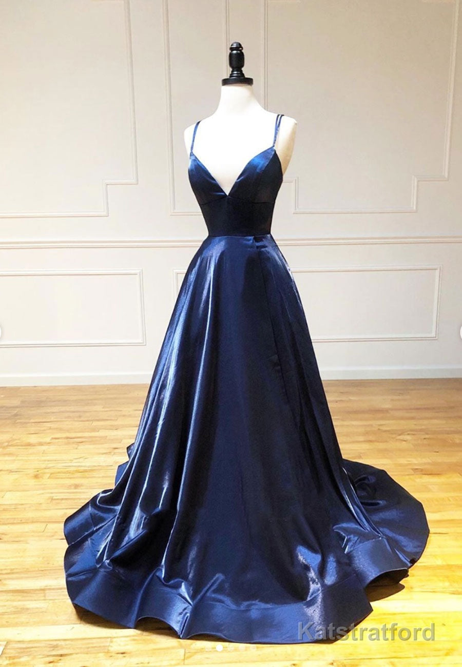 Simple Satin Long Prom Dresses, A Line Blue Evening Dresses
