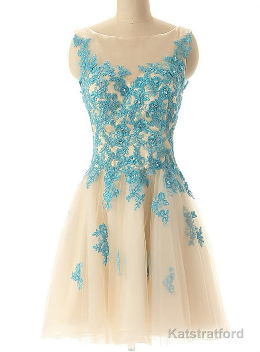 Boat Neck Champagne Tulle Prom Party Dress with Blue Lace