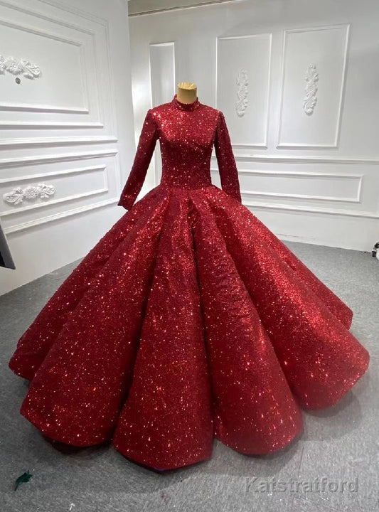 Burgundy Ball Gown Sequins Long Sleeve High Neck Prom Dress