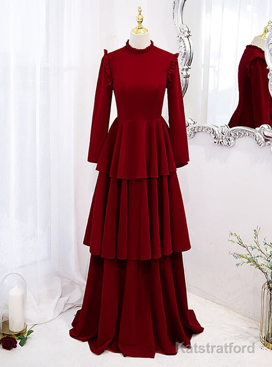 Burgundy High Neck Long Sleeve Prom Dress