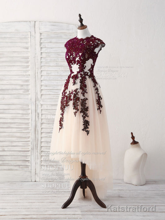 Burgundy Lace Tulle High Low Prom Dress Burgundy Bridesmaid Dress