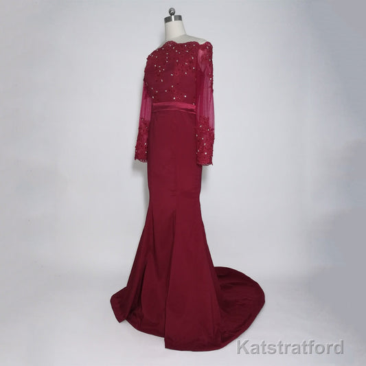 Burgundy Long Off the Shoulder Long Sleeves Mother of The Bride Dress