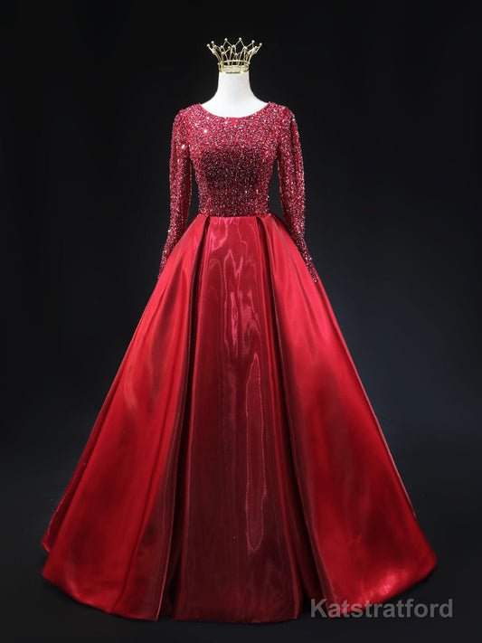 Burgundy Long Sleeve Beading Prom Dress