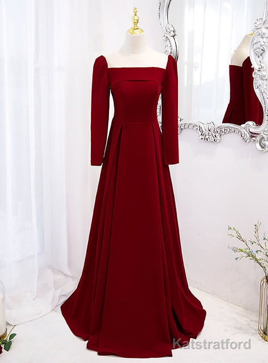 Burgundy Long Sleeve See Through Neck Prom Dress