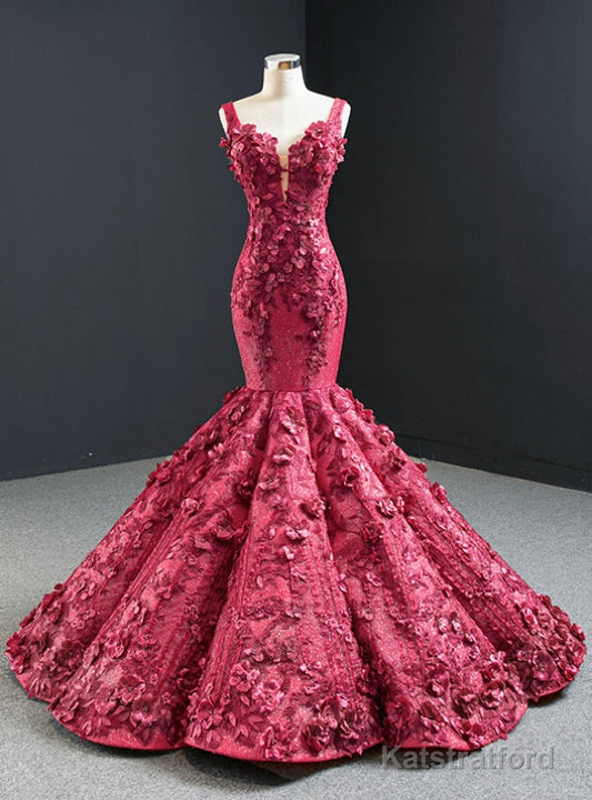 Burgundy Mermaid 3D Appliques Beading Straps Prom Dress