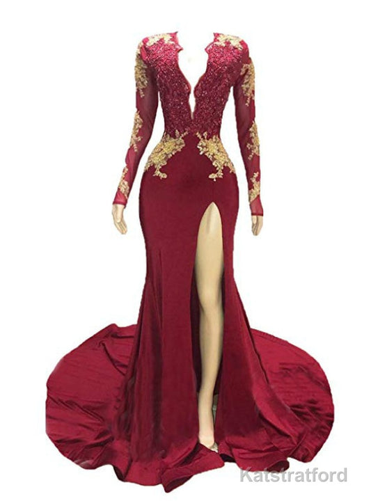 Burgundy Mermaid Deep V-neck Long Sleeve Backless Prom Dress