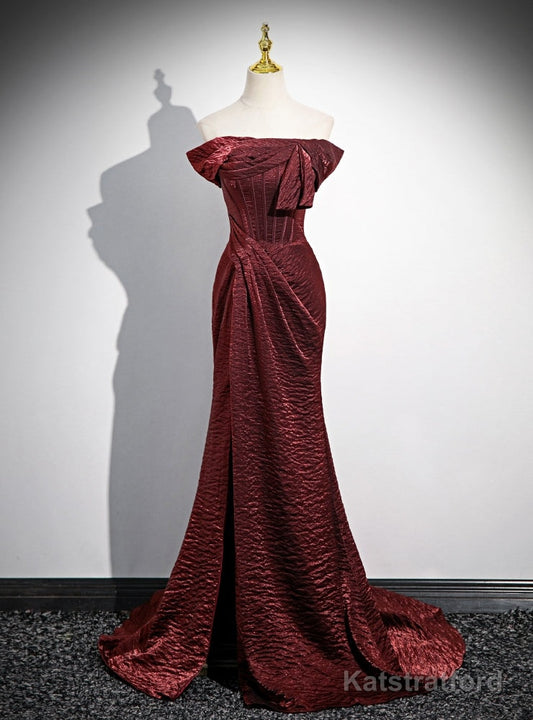 Burgundy Mermaid Off the Shoulder Pleats Prom Dress