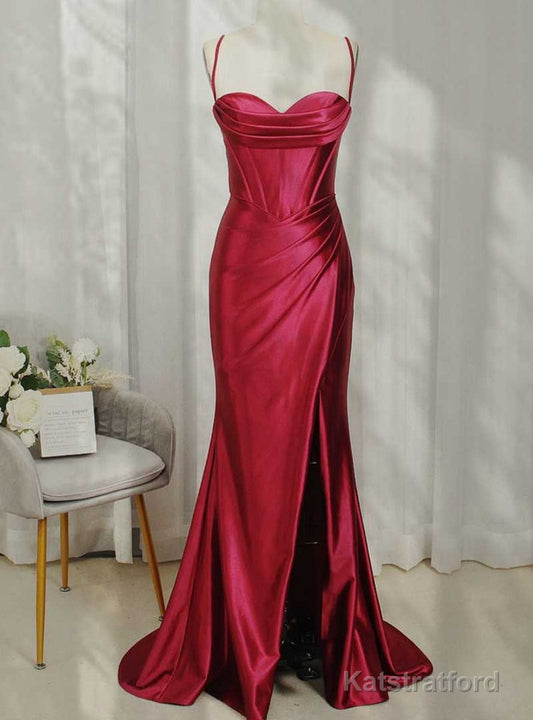 Burgundy Mermaid Satin Pleats Prom Dress