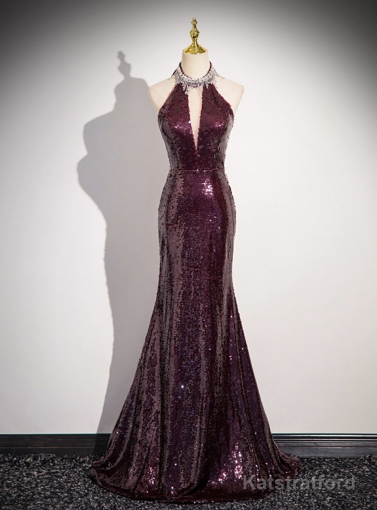 Burgundy Mermaid Sequins Beading Backless Prom Dress
