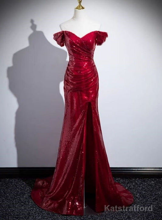 Burgundy Mermaid Sequins Pleats Split Prom Dress