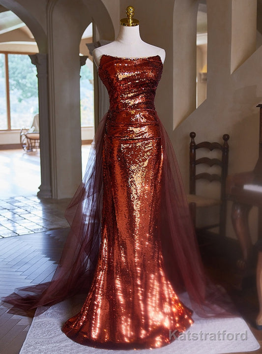 Burgundy Mermaid Sequins Strapless Pleats Prom Dress