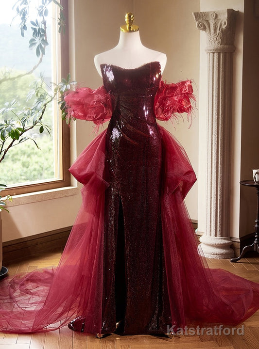 Burgundy Mermaid Sequins Strapless Prom Dress With Train
