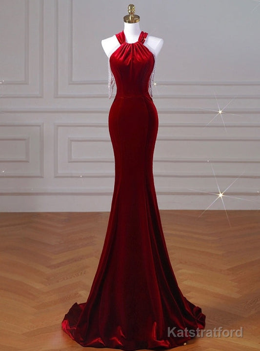Burgundy Mermaid Velvet Halter Pearls Prom Dress