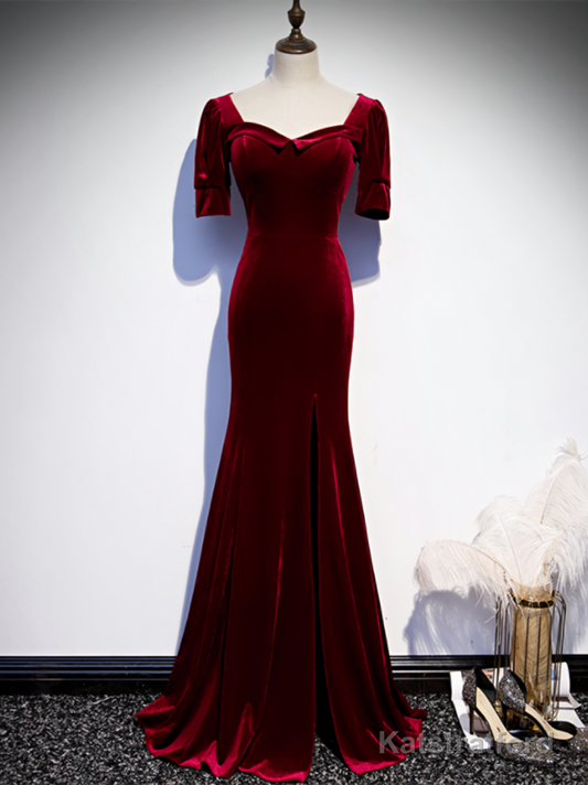 Burgundy Mermaid Velvet Short Sleeve Prom Dresss